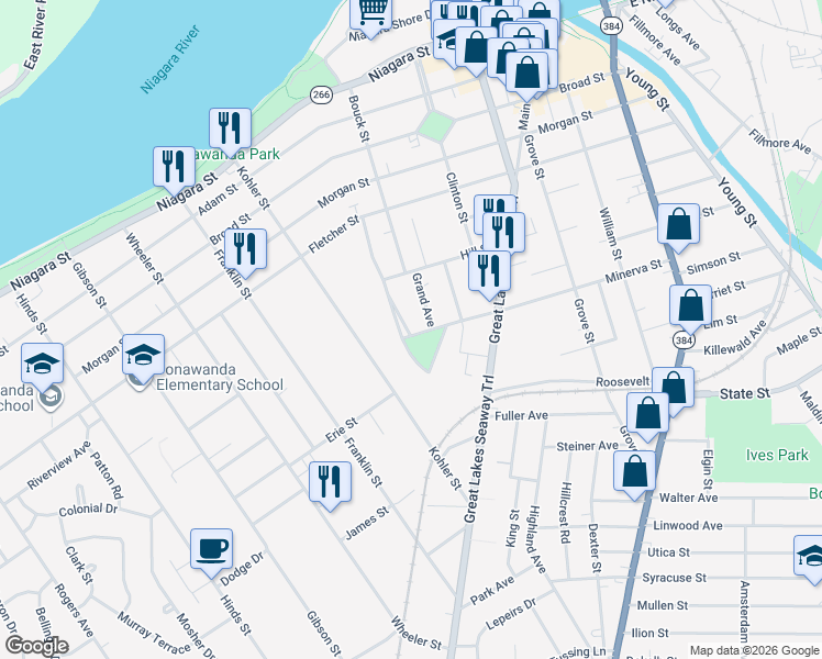 map of restaurants, bars, coffee shops, grocery stores, and more near 98 Elmwood Park South in Tonawanda