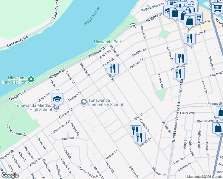 map of restaurants, bars, coffee shops, grocery stores, and more near 110 Franklin Street in Tonawanda