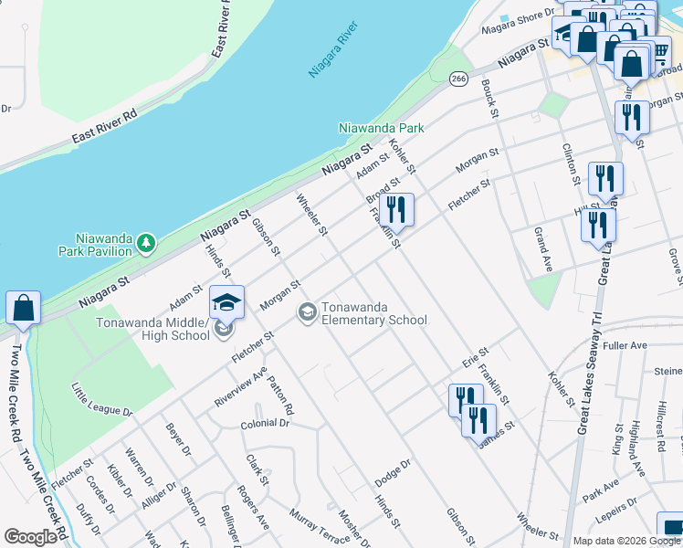 map of restaurants, bars, coffee shops, grocery stores, and more near 491 Morgan Street in Tonawanda