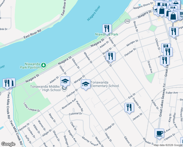 map of restaurants, bars, coffee shops, grocery stores, and more near 491 Morgan Street in Tonawanda