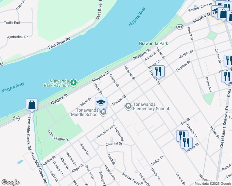 map of restaurants, bars, coffee shops, grocery stores, and more near 552 Broad Street in Tonawanda