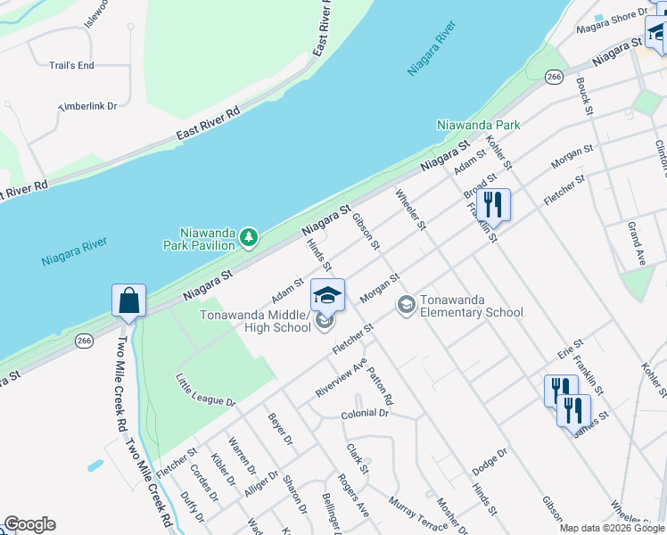 map of restaurants, bars, coffee shops, grocery stores, and more near 498 Adam Street in Tonawanda