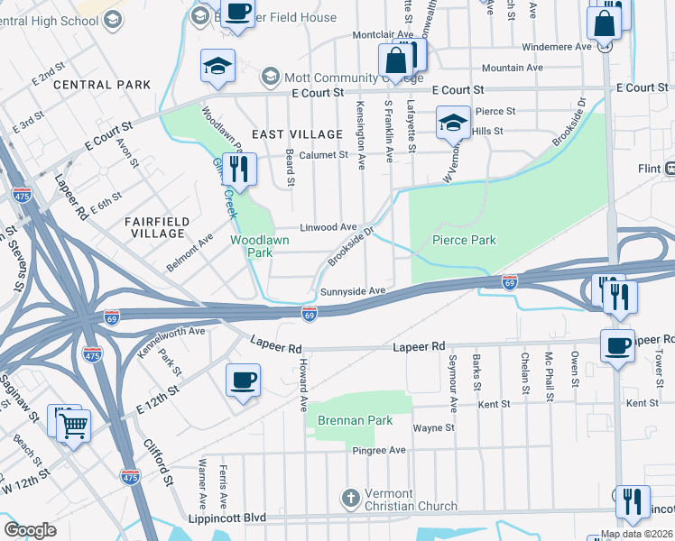 map of restaurants, bars, coffee shops, grocery stores, and more near 1780 Brookside Drive in Flint