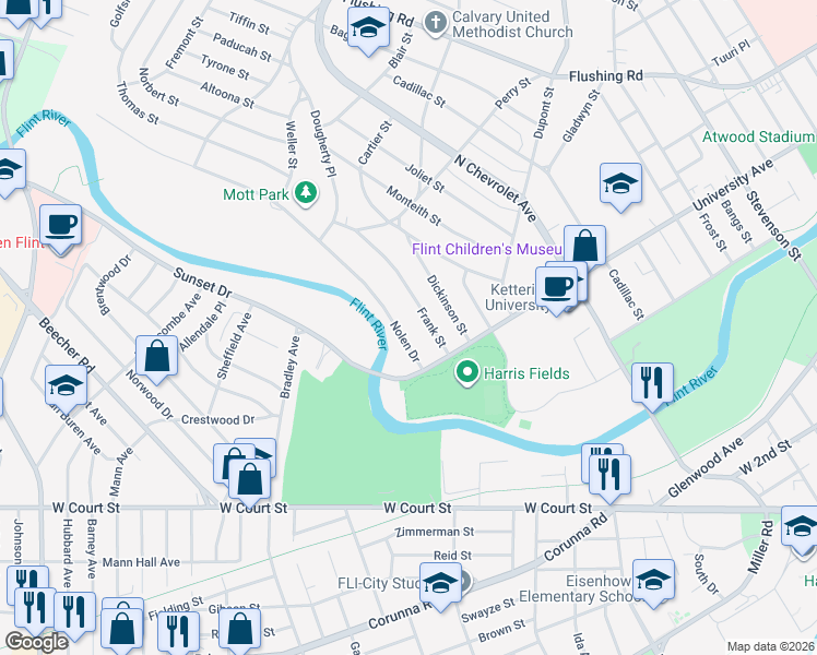 map of restaurants, bars, coffee shops, grocery stores, and more near 2262 Nolen Drive in Flint