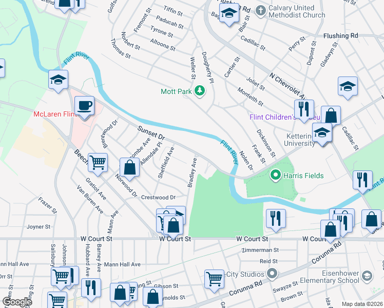 map of restaurants, bars, coffee shops, grocery stores, and more near 3233 Sunset Drive in Flint