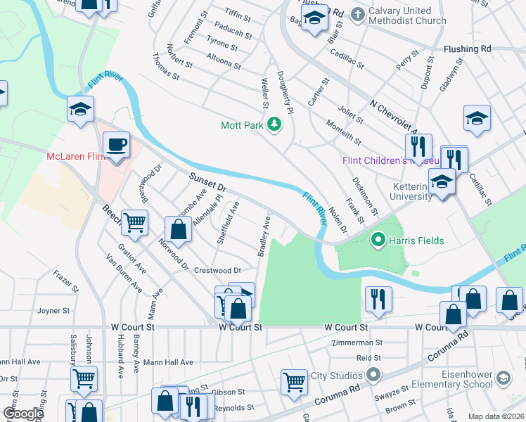map of restaurants, bars, coffee shops, grocery stores, and more near 3233 Sunset Drive in Flint