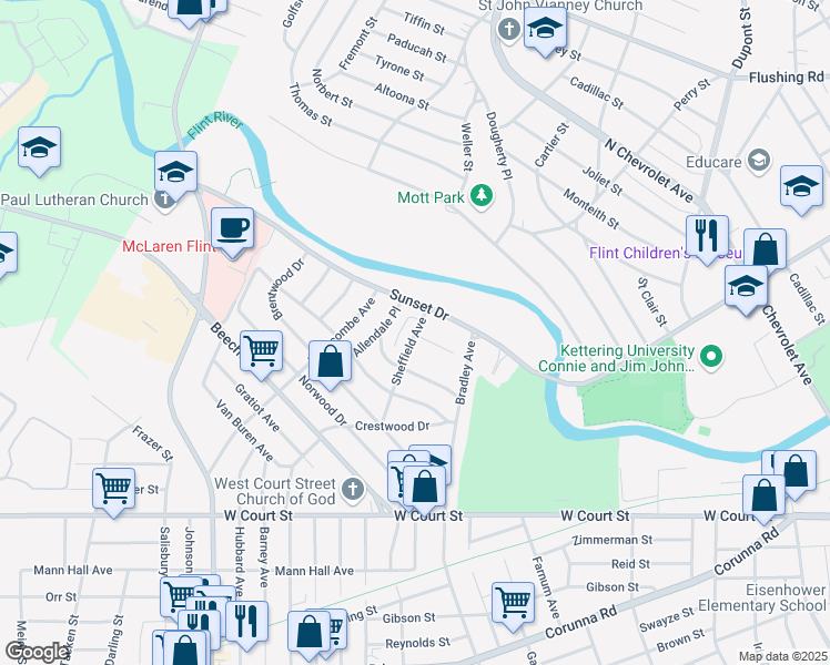 map of restaurants, bars, coffee shops, grocery stores, and more near 308 Sheffield Avenue in Flint