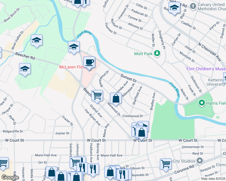 map of restaurants, bars, coffee shops, grocery stores, and more near 333 Ferndale Place in Flint