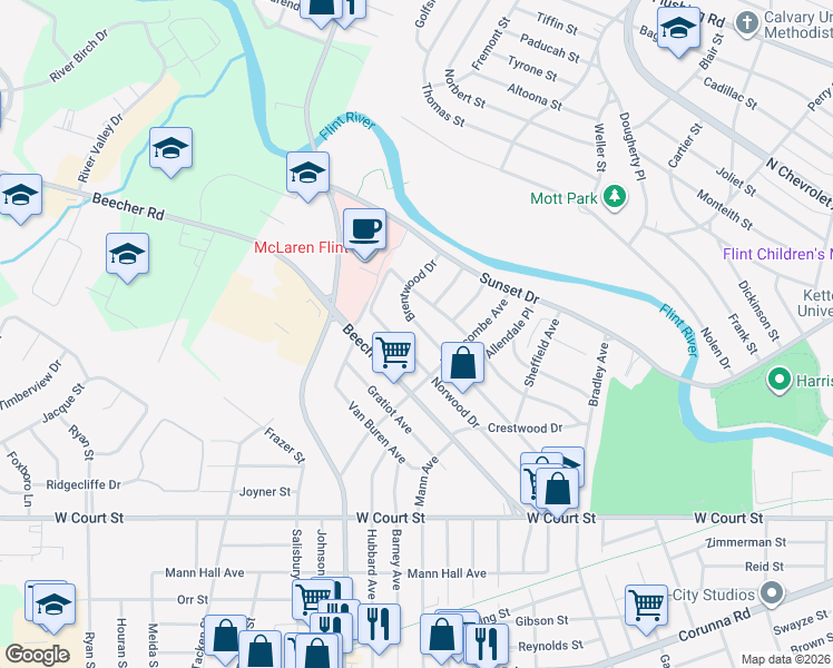 map of restaurants, bars, coffee shops, grocery stores, and more near 3637 Sherwood Drive in Flint