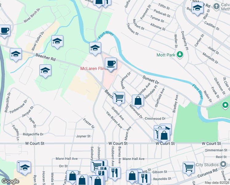 map of restaurants, bars, coffee shops, grocery stores, and more near 3734 Norwood Drive in Flint