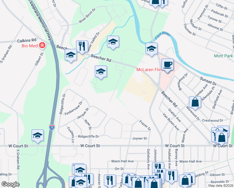 map of restaurants, bars, coffee shops, grocery stores, and more near 1101 Houran Street in Flint