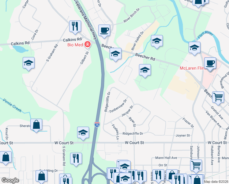 map of restaurants, bars, coffee shops, grocery stores, and more near 3541 Ridgecliffe Drive in Flint
