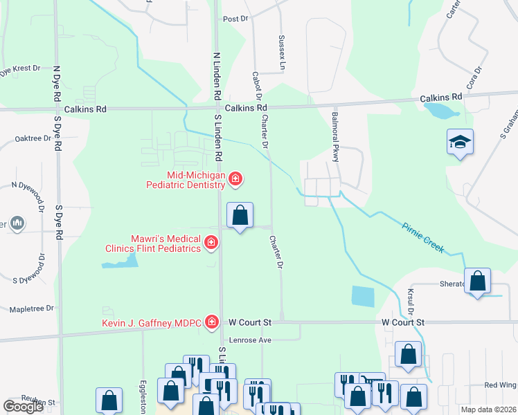 map of restaurants, bars, coffee shops, grocery stores, and more near 1170 Charter Drive in Flint