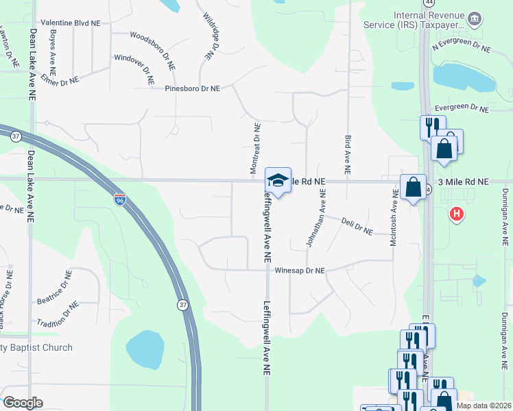 map of restaurants, bars, coffee shops, grocery stores, and more near 2777 Leffingwell Ave NE in Grand Rapids