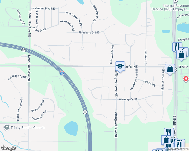 map of restaurants, bars, coffee shops, grocery stores, and more near 2675 Burgen Court Northeast in Grand Rapids