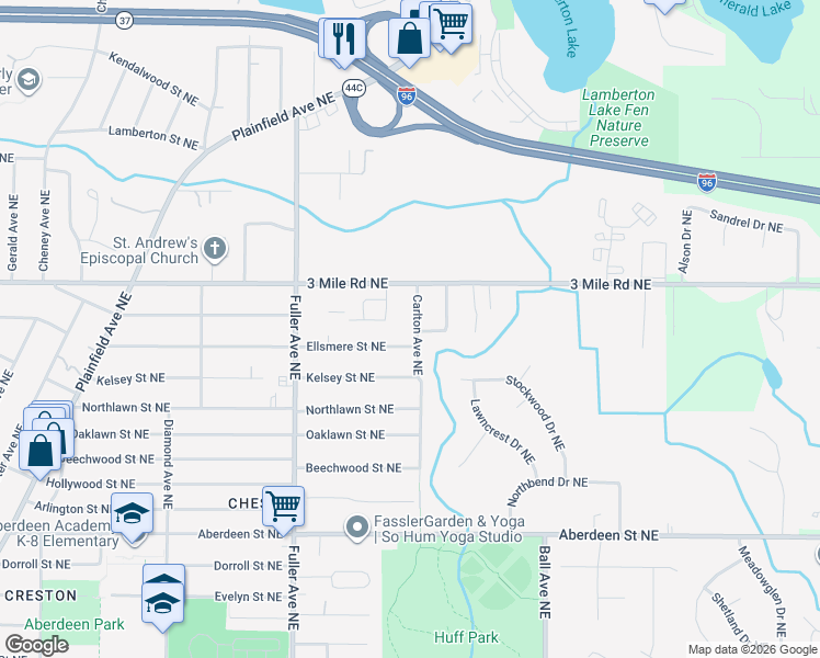 map of restaurants, bars, coffee shops, grocery stores, and more near 2733 Carlton Avenue Northeast in Grand Rapids