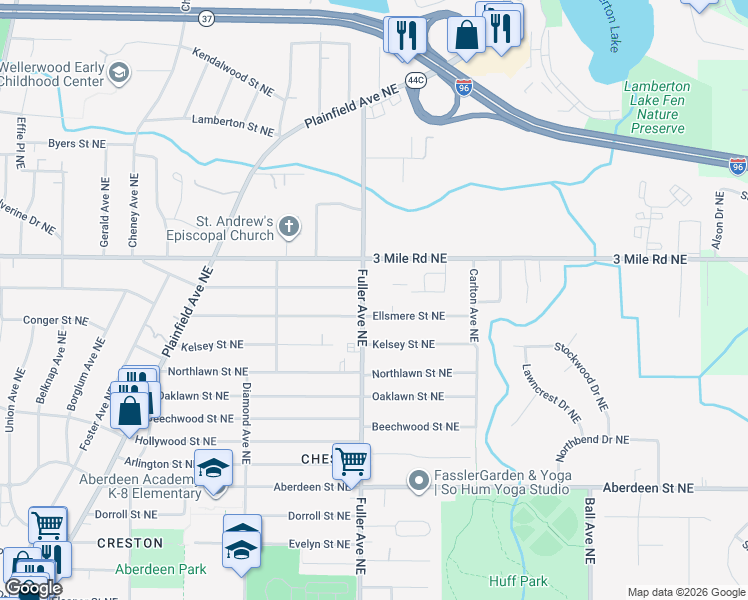 map of restaurants, bars, coffee shops, grocery stores, and more near 2728 Fuller Avenue Northeast in Grand Rapids