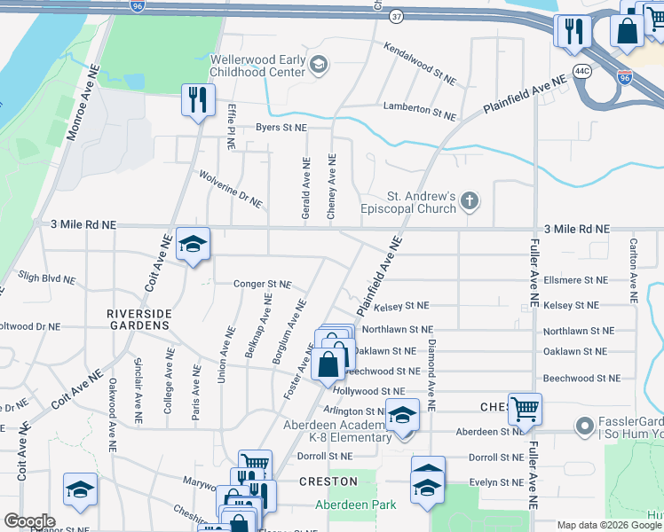 map of restaurants, bars, coffee shops, grocery stores, and more near 755 Russwood Street Northeast in Grand Rapids