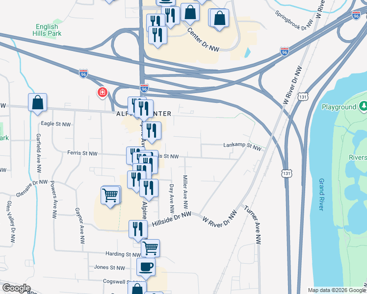 map of restaurants, bars, coffee shops, grocery stores, and more near 650 Lankamp Street Northwest in Grand Rapids