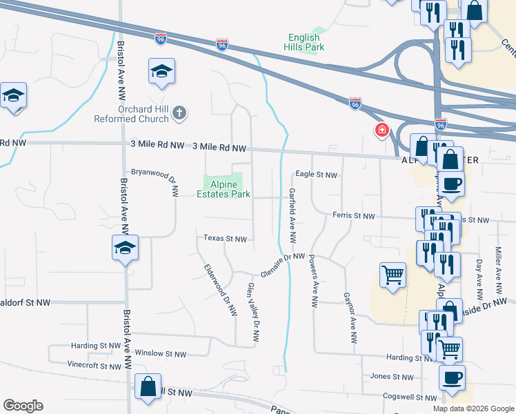 map of restaurants, bars, coffee shops, grocery stores, and more near 2659 Emerson Avenue Northwest in Grand Rapids