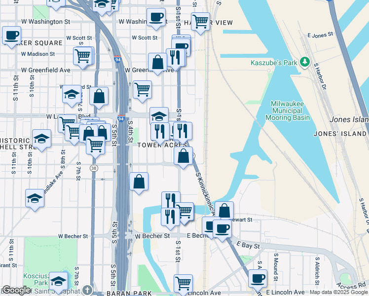 map of restaurants, bars, coffee shops, grocery stores, and more near 1685 South Kinnickinnic Avenue in Milwaukee