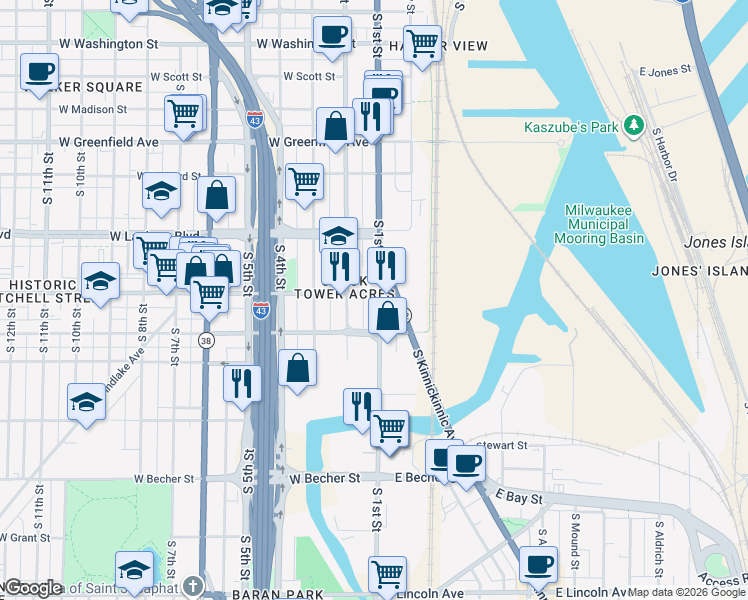 map of restaurants, bars, coffee shops, grocery stores, and more near 140 West Mitchell Street in Milwaukee
