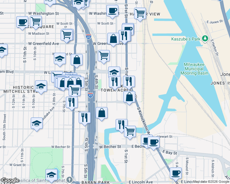 map of restaurants, bars, coffee shops, grocery stores, and more near 228 West Mitchell Street in Milwaukee