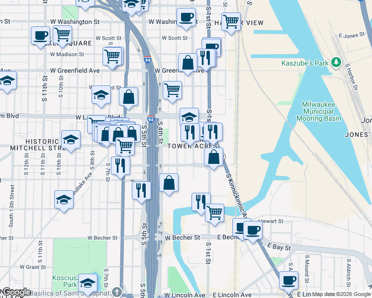 map of restaurants, bars, coffee shops, grocery stores, and more near 228 West Mitchell Street in Milwaukee