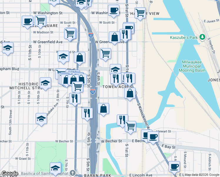 map of restaurants, bars, coffee shops, grocery stores, and more near 228 West Mitchell Street in Milwaukee