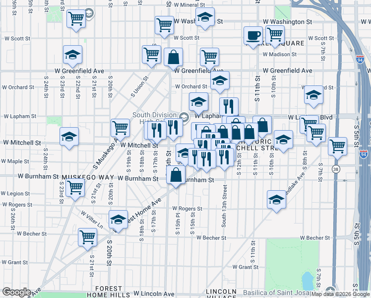 map of restaurants, bars, coffee shops, grocery stores, and more near 1522 West Mitchell Street in Milwaukee