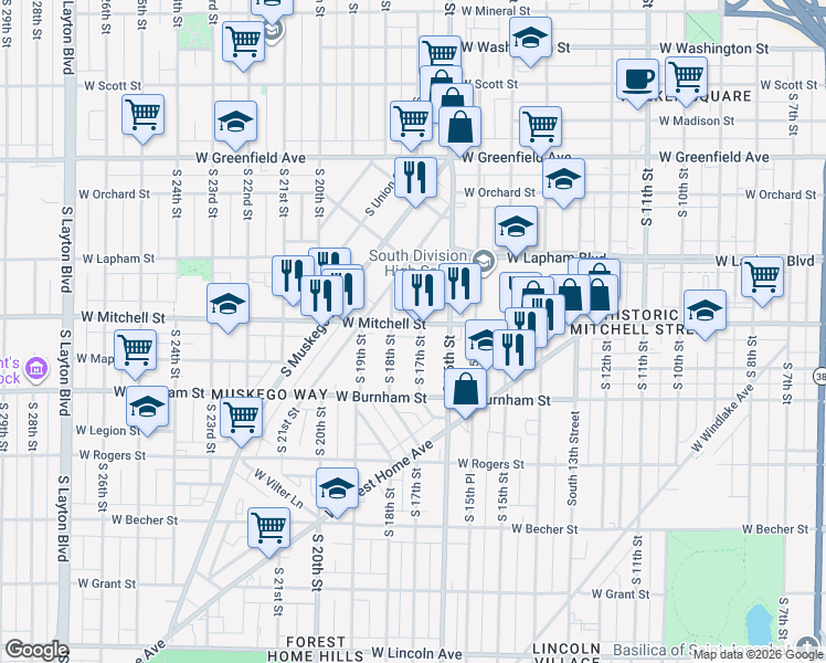 map of restaurants, bars, coffee shops, grocery stores, and more near 1706 West Mitchell Street in Milwaukee