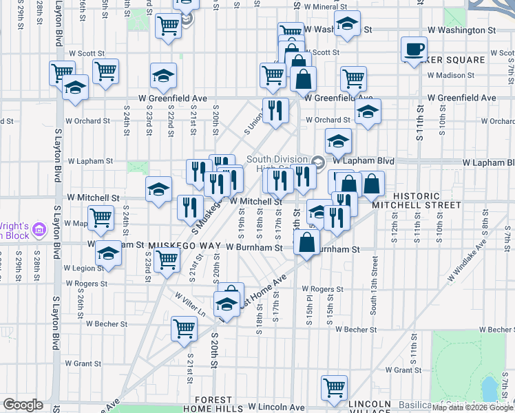 map of restaurants, bars, coffee shops, grocery stores, and more near 1816 West Mitchell Street in Milwaukee
