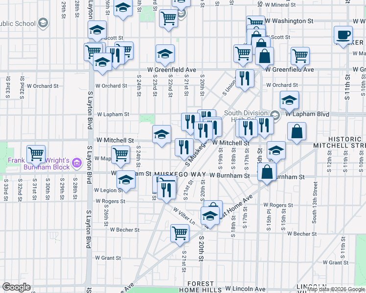 map of restaurants, bars, coffee shops, grocery stores, and more near in Milwaukee