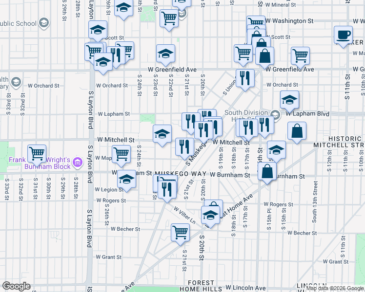 map of restaurants, bars, coffee shops, grocery stores, and more near in Milwaukee