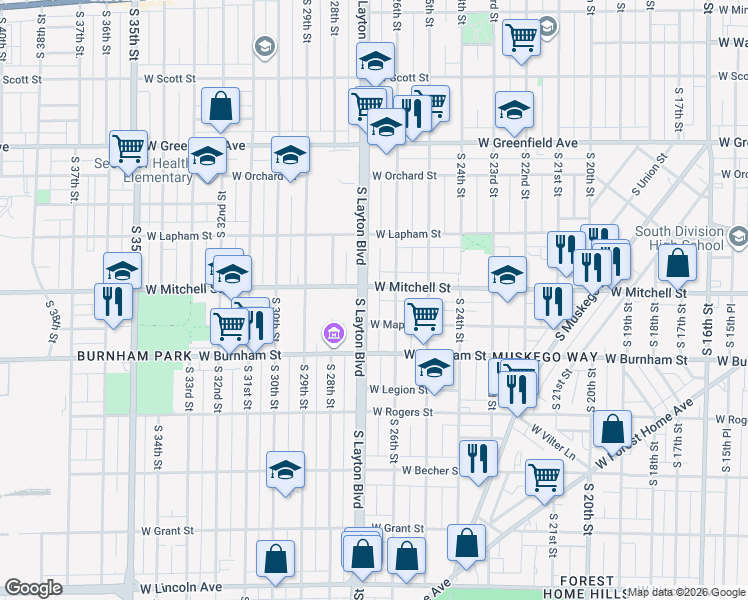 map of restaurants, bars, coffee shops, grocery stores, and more near in Milwaukee
