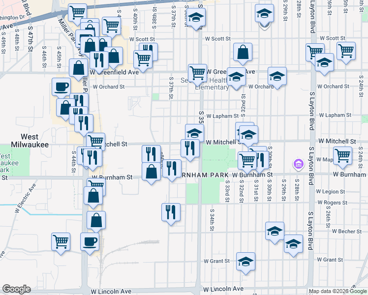 map of restaurants, bars, coffee shops, grocery stores, and more near 3526 West Mitchell Street in Milwaukee