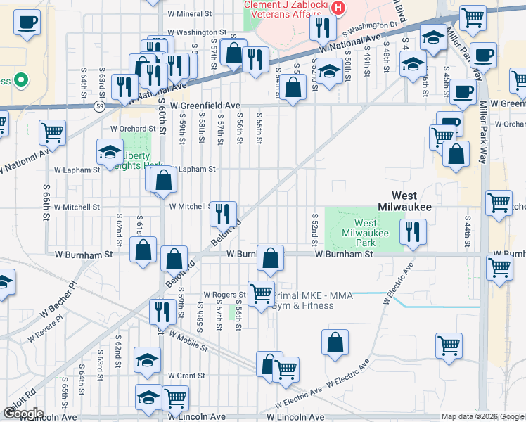 map of restaurants, bars, coffee shops, grocery stores, and more near 5445 Beloit Road in West Milwaukee