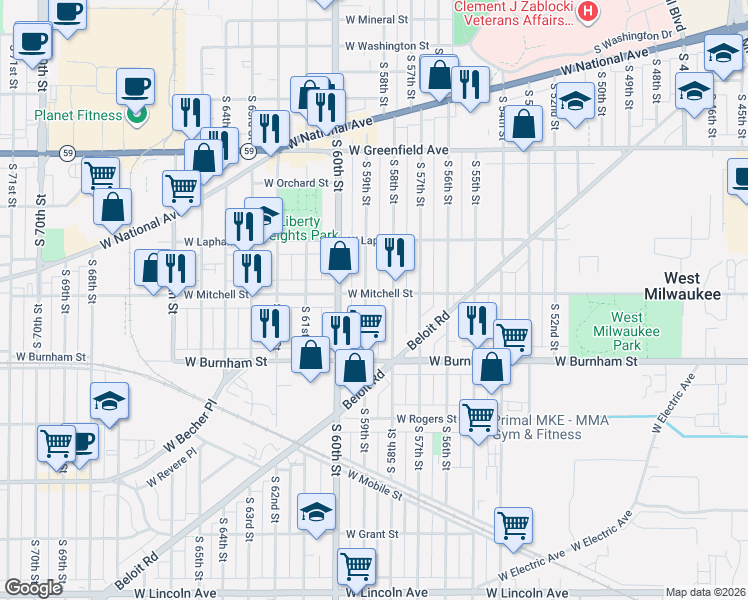 map of restaurants, bars, coffee shops, grocery stores, and more near 812 West Mitchell Street in West Allis