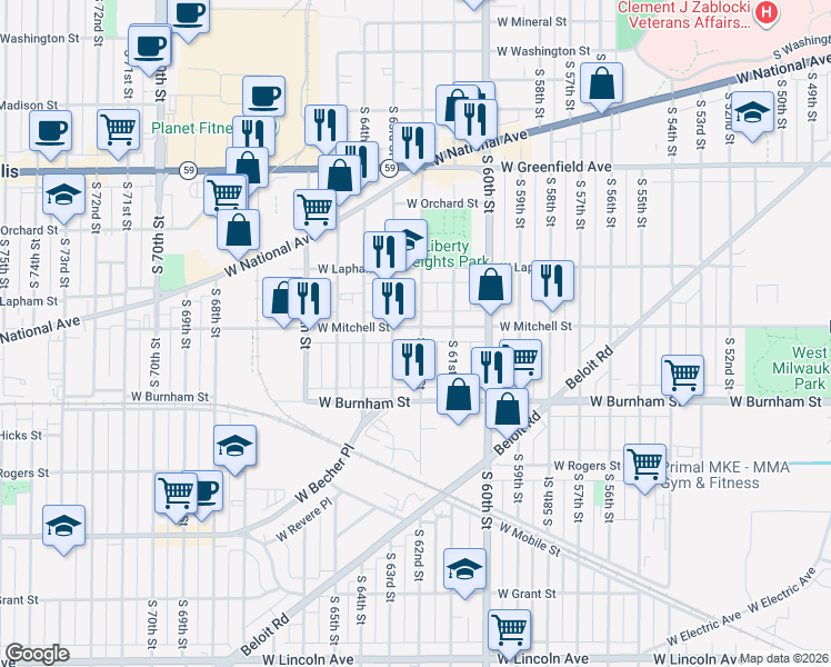 map of restaurants, bars, coffee shops, grocery stores, and more near 6200 West Mitchell Street in West Allis