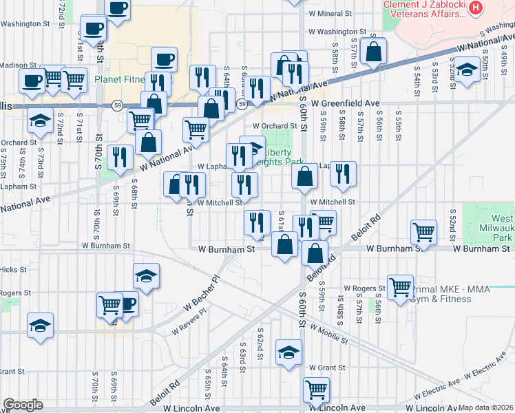 map of restaurants, bars, coffee shops, grocery stores, and more near 6200 West Mitchell Street in West Allis