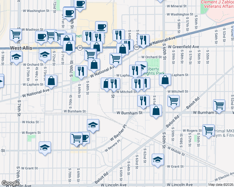 map of restaurants, bars, coffee shops, grocery stores, and more near in West Allis