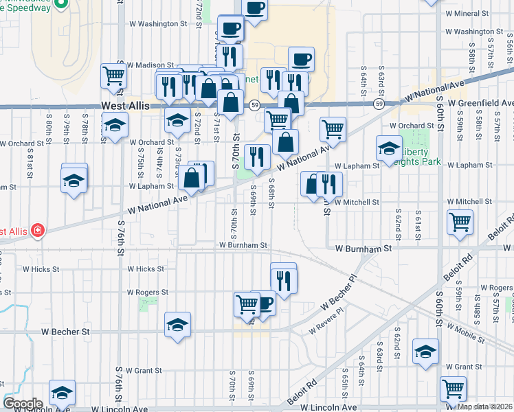 map of restaurants, bars, coffee shops, grocery stores, and more near 1662 South 69th Street in West Allis