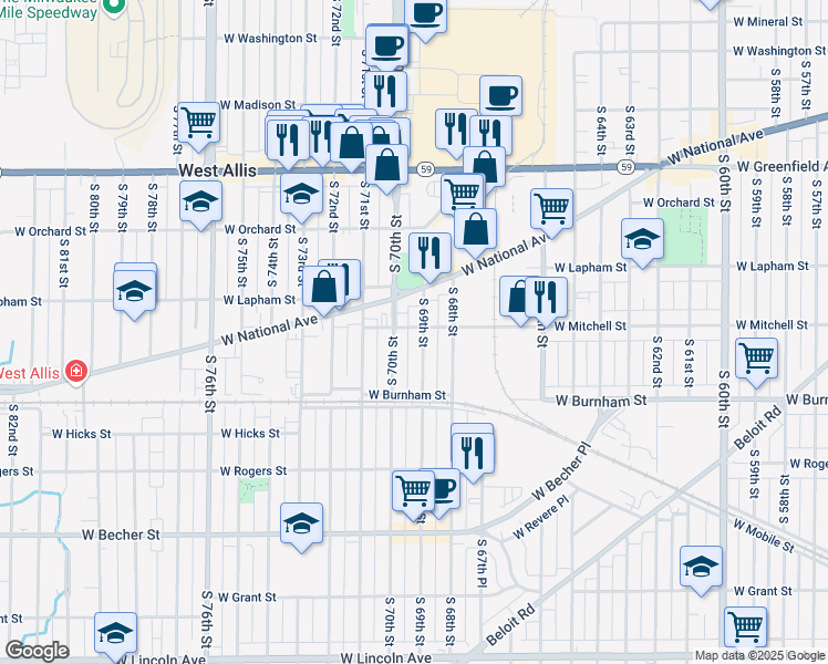 map of restaurants, bars, coffee shops, grocery stores, and more near 1662 South 69th Street in West Allis
