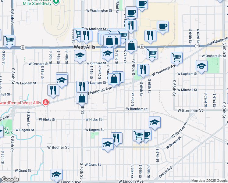map of restaurants, bars, coffee shops, grocery stores, and more near 7220 West National Avenue in West Allis