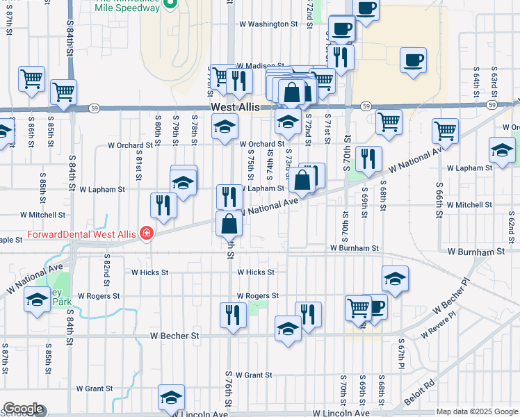 map of restaurants, bars, coffee shops, grocery stores, and more near 1615 South 74th Street in West Allis