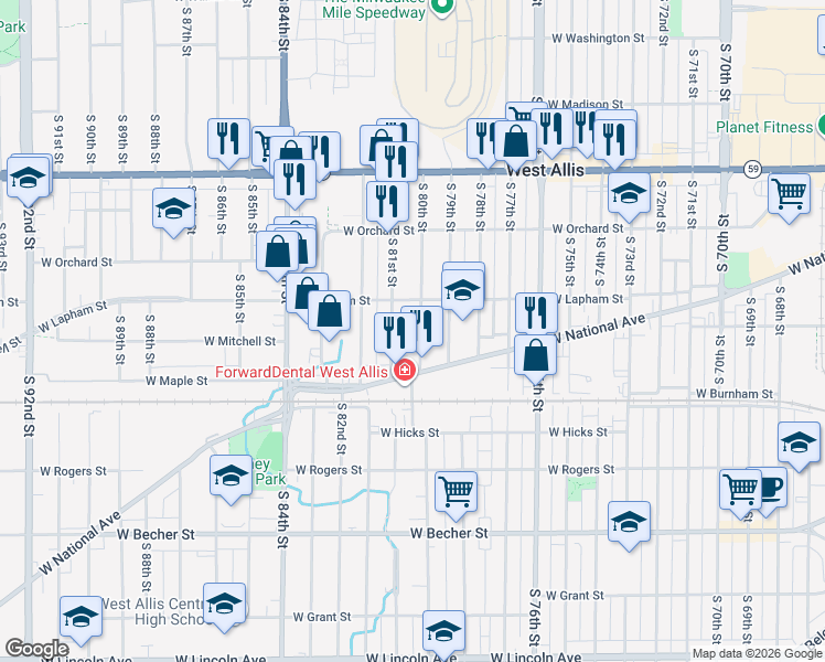 map of restaurants, bars, coffee shops, grocery stores, and more near 1612 South 81st Street in West Allis