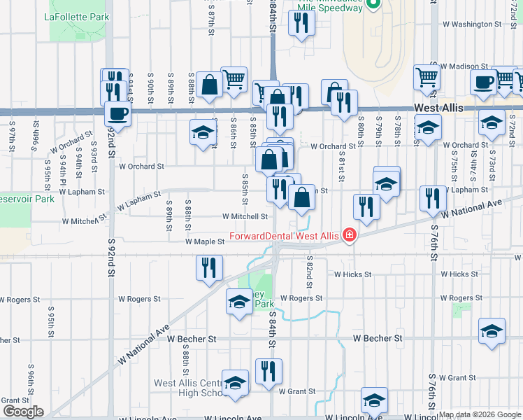 map of restaurants, bars, coffee shops, grocery stores, and more near 1612 South 85th Street in West Allis