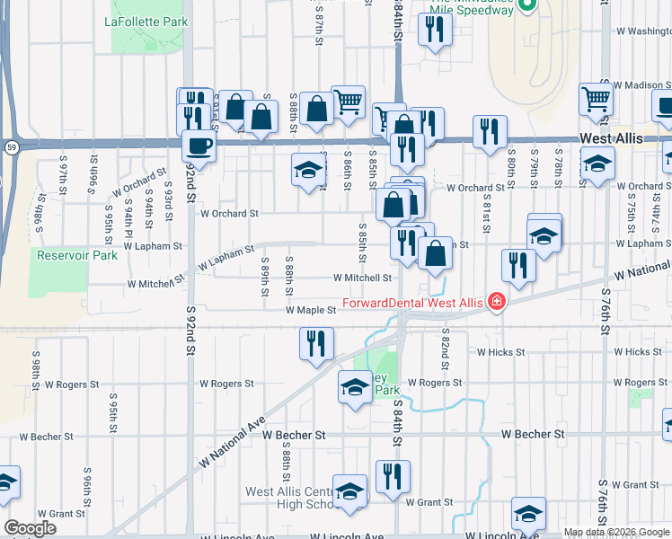 map of restaurants, bars, coffee shops, grocery stores, and more near 8609 West Lapham Street in West Allis