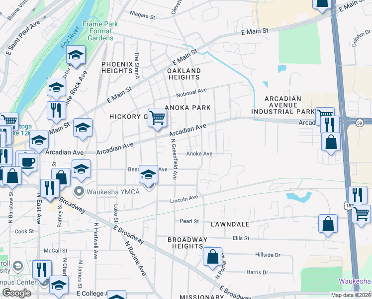 map of restaurants, bars, coffee shops, grocery stores, and more near 845 Genesee Street in Waukesha