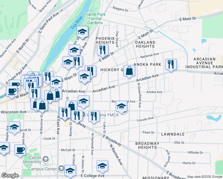 map of restaurants, bars, coffee shops, grocery stores, and more near 606 Arcadian Avenue in Waukesha